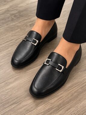 Vince Camuto Black Leather Slip-On Loafers with Metal Bit